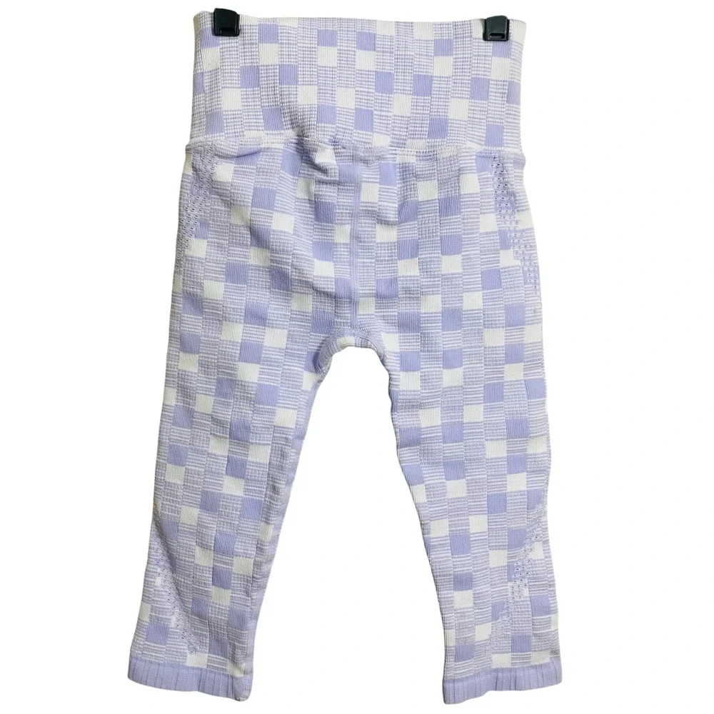 Free People Movement Super Stretch Purple‎ & White Plaid Athletic Capri Legging